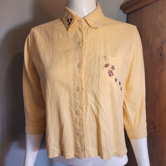 Vntg Y2K CHRISTOPHER & BANKS Yellow Embroidered Linen Rayon Button Blouse Sz S - Picture 1 of 10